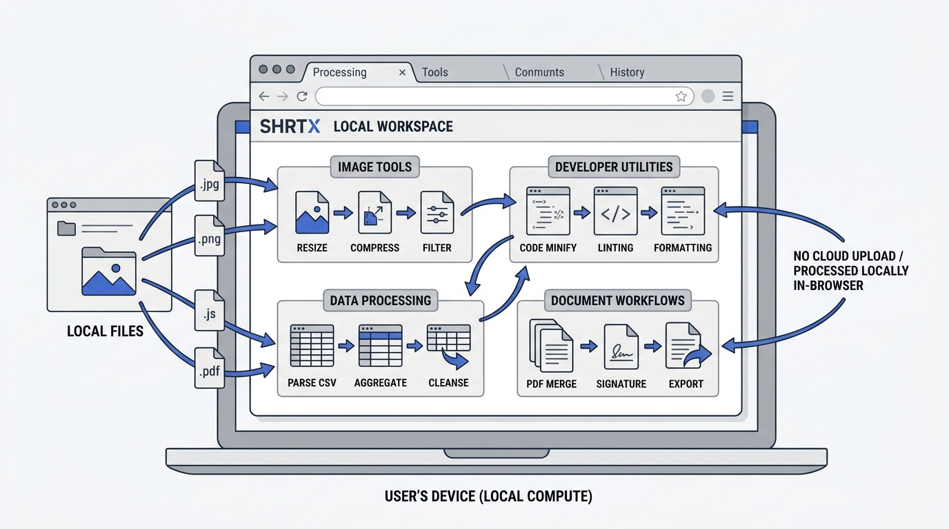 SHRTX browser-first tool processing architecture illustration